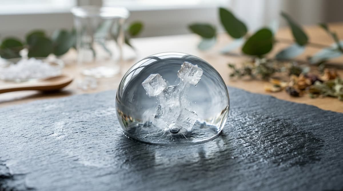 Salt crystals dissolving in a water droplet — anchor effect