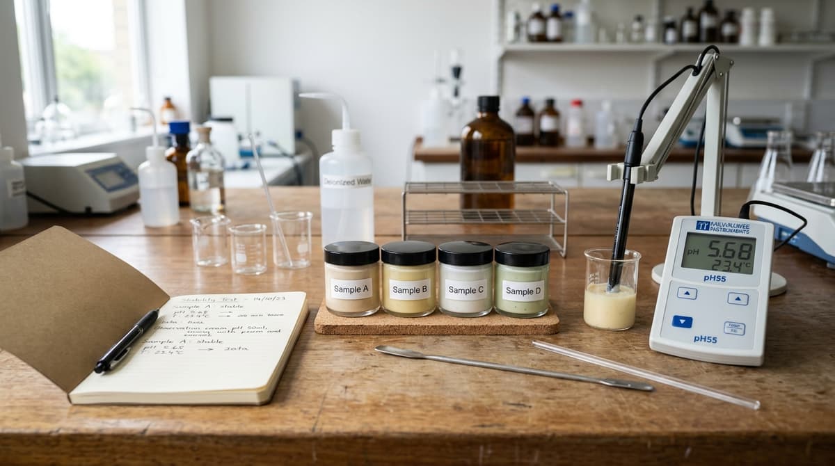 Meja laboratorium dengan sampel krim dalam toples kaca, pH meter, dan buku catatan pengamatan