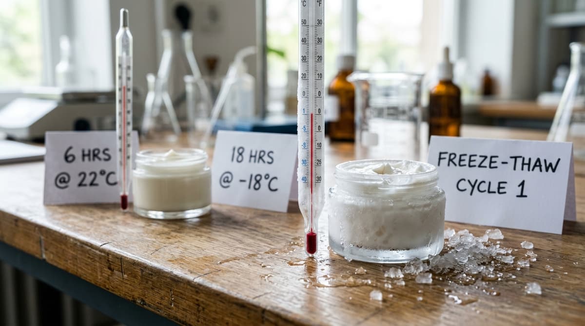 Uji Freeze-Thaw: toples krim di samping kristal es dan termometer