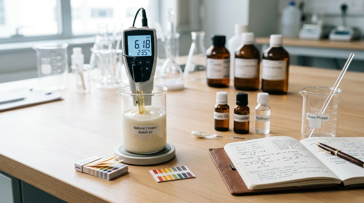pH meter digital mengukur krim dalam gelas beker kaca, dengan kertas indikator dan buku catatan di dekatnya