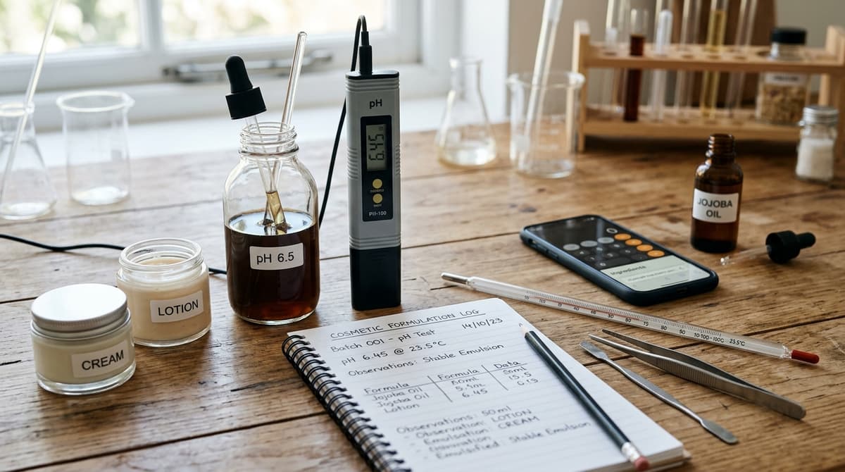 Perlengkapan dasar untuk pengujian: pH meter, toples kaca, termometer, buku catatan, smartphone