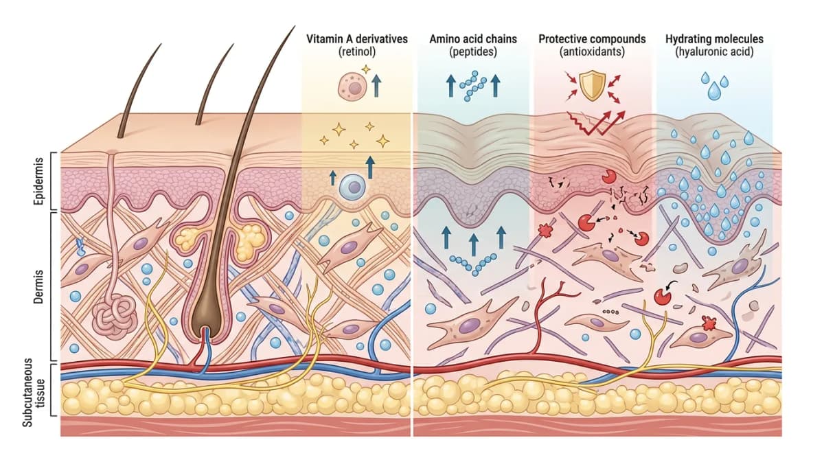 Diagram ilmiah penampang lapisan kulit manusia yang menunjukkan serat kolagen, fibroblas, dan mekanisme penuaan dengan zona berlabel untuk aksi retinol, peptides, antioxidants, dan hyaluronic acid, gaya ilustrasi medis bersih, latar belakang putih