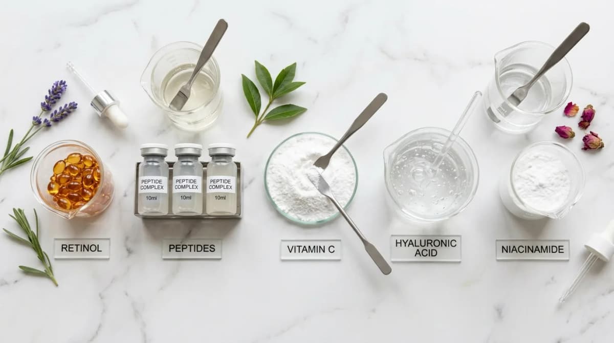 Flat lay bahan kosmetik anti-aging termasuk kapsul minyak retinol, vial peptida, bubuk vitamin C putih, gel hyaluronic acid transparan, gelas ukur kaca dan spatula yang disusun di atas permukaan laboratorium marmer putih yang bersih, fotografi produk profesional
