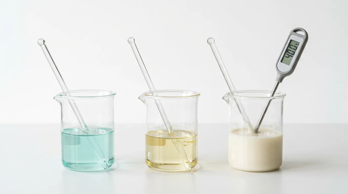 Gelas kimia laboratorium dan batang pengaduk kaca yang menunjukkan emulsi krim dalam tahap persiapan yang berbeda — fase air, fase minyak, dan emulsi akhir — dengan termometer digital menunjukkan 40 derajat, latar belakang putih bersih, estetika ilmiah