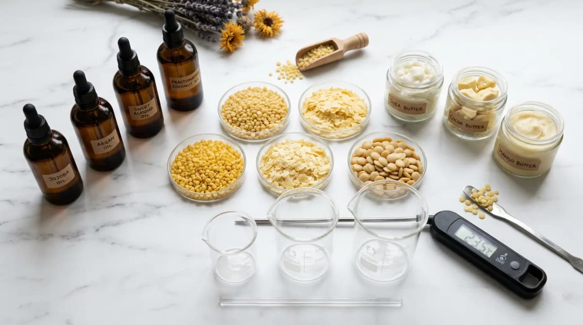 Flat lay of cosmetic wax pellets (beeswax, carnauba, candelilla), natural butters in small glass jars, and carrier oils in amber bottles arranged on a white marble surface with glass beakers and a digital thermometer, clean cosmetic chemistry aesthetic