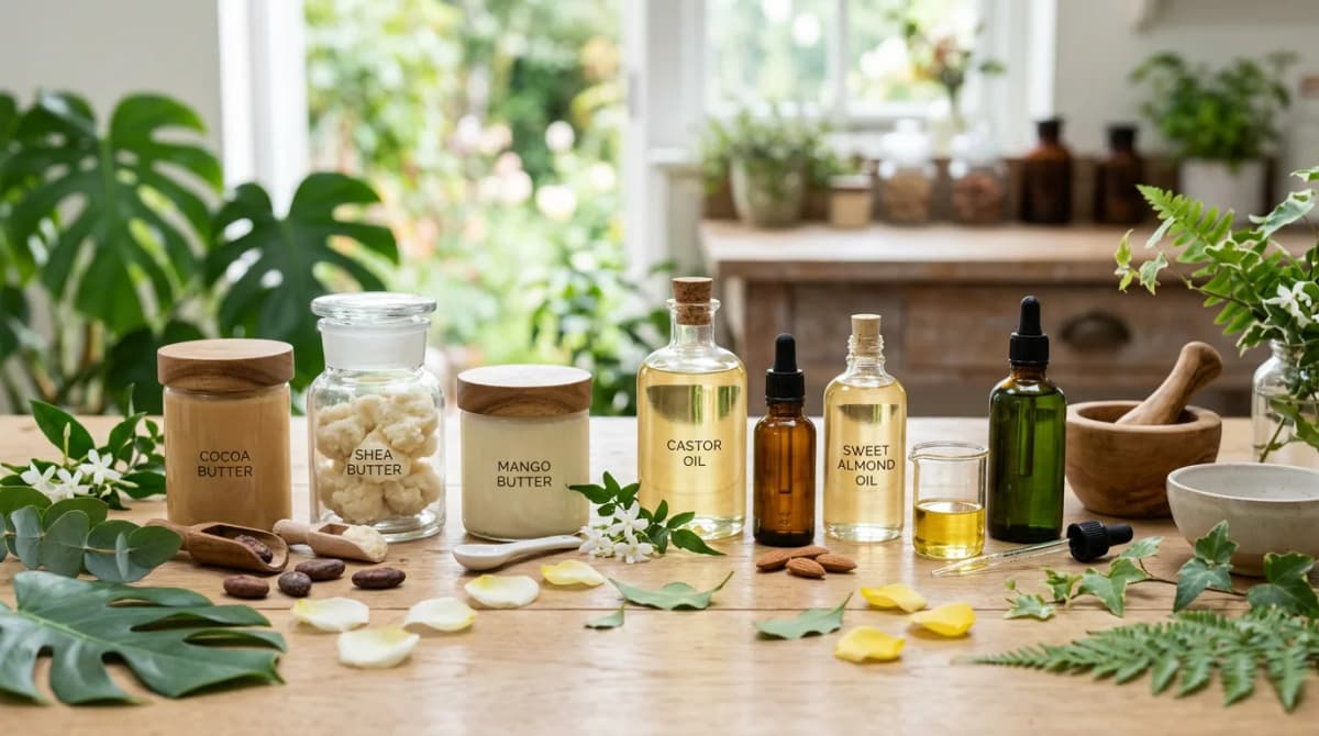 Various natural butter jars (shea, mango, cocoa) and carrier oil bottles (castor, sweet almond, avocado) on a light wooden surface with green botanical leaves and flower petals, soft natural light, cosmetic formulation concept