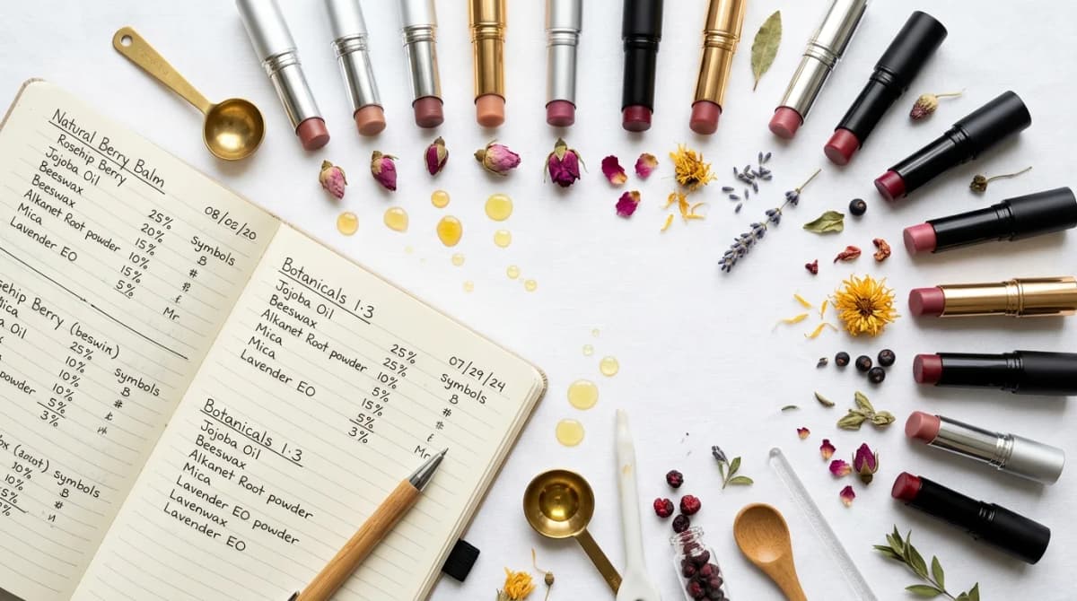 Overhead flat lay of finished lip balm sticks in natural nude and berry shades arranged with dried botanicals, small oil droplets, and an open formulation notebook with handwritten recipes on a clean white background