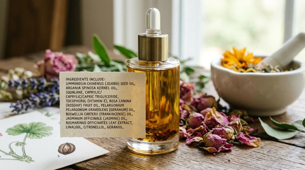 Close-up botol serum kosmetik mewah dengan daftar bahan INCI yang terlihat di label, depth of field dangkal, cahaya alami lembut, gaya fotografi kecantikan editorial, nuansa putih dan kaca