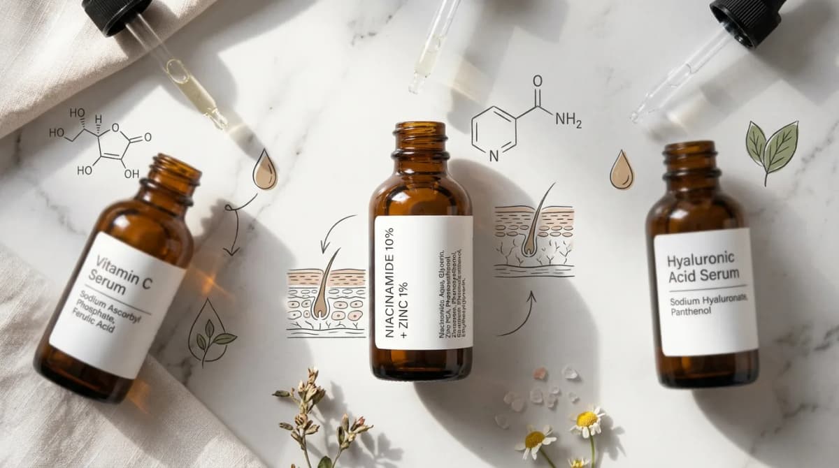Flat lay tiga botol produk skincare dengan label bahan yang sebagian terlihat, serum niacinamide dalam fokus tajam, latar belakang marmer putih, fotografi kosmetik editorial