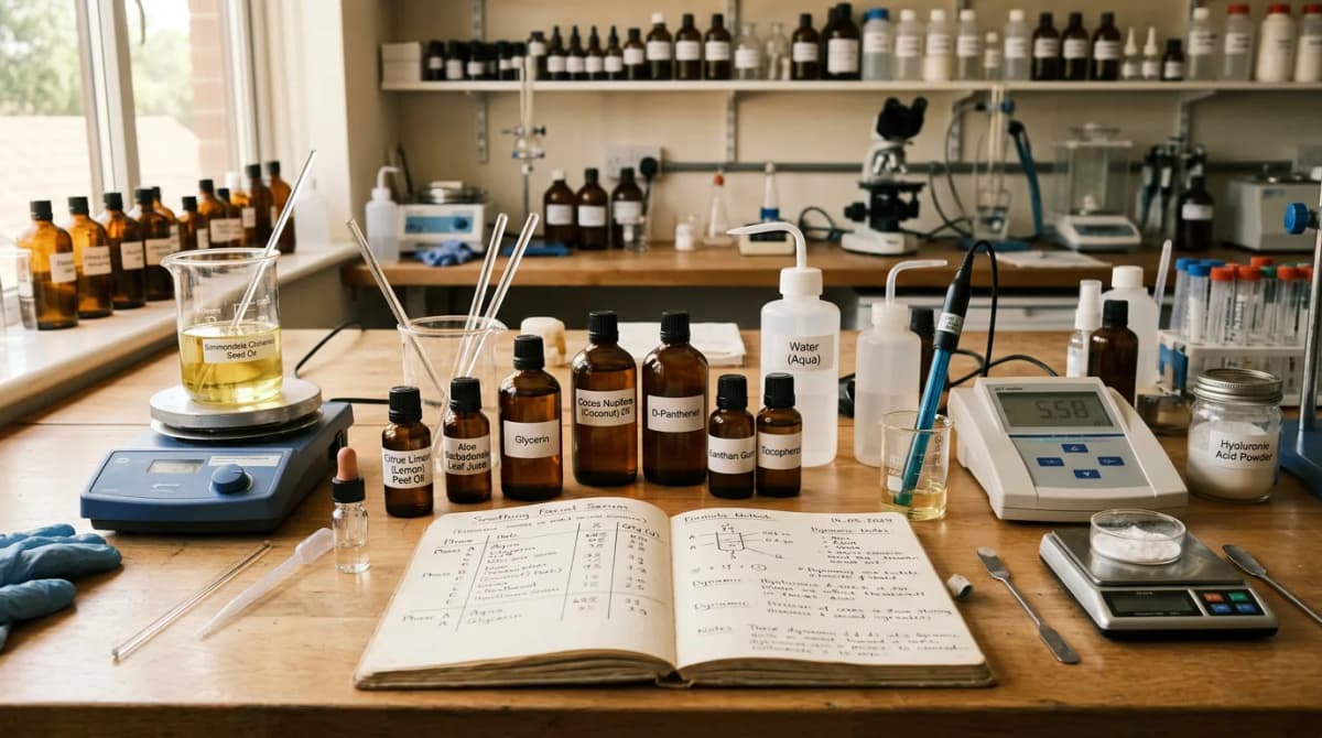 Meja kerja ahli kimia kosmetik dengan gelas kimia, pH meter digital, botol-botol bahan kecil berlabel INCI, buku catatan formula terbuka dengan catatan tulisan tangan, pencahayaan laboratorium hangat dan fokus, setelan ilmiah yang estetik