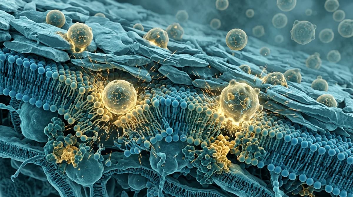 Ilustrasi close-up fotorealistik partikel polusi perkotaan (PM2.5) yang berinteraksi dengan permukaan kulit, menampilkan stres oksidatif pada tingkat molekuler, palet warna teal dan emas, estetika mikroskopi ilmiah
