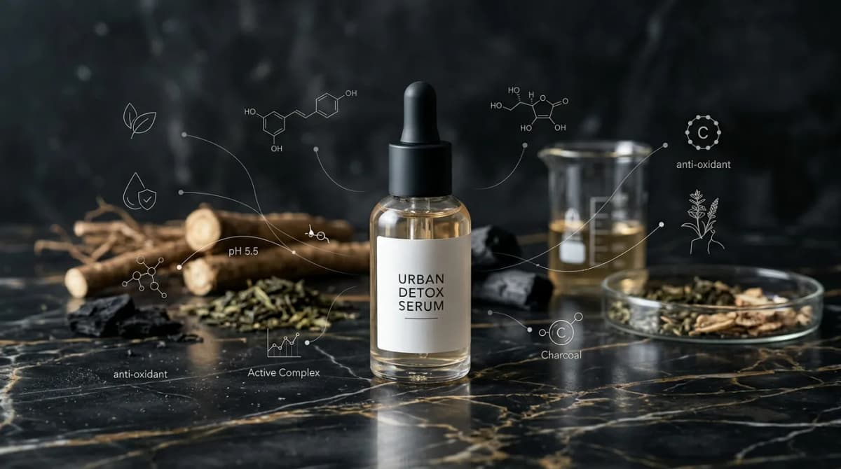 Botol dropper serum detoks urban yang elegan dan minimalis di atas permukaan marmer gelap dengan anotasi ilmiah yang mengambang di sekitarnya, fotografi produk kosmetik mewah, pencahayaan studio yang moody