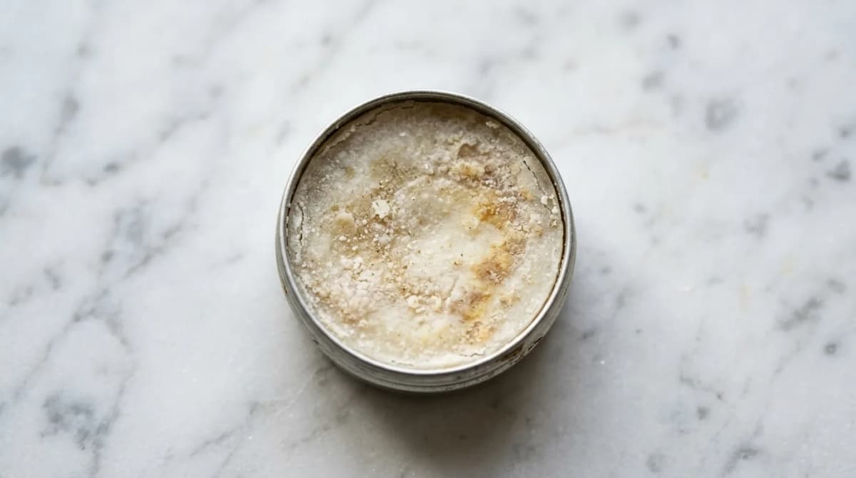 Close-up of a homemade lip balm tin showing slight discoloration and grainy texture on the surface indicating oxidation, flat lay on white marble with soft natural side lighting, cosmetic chemistry educational style
