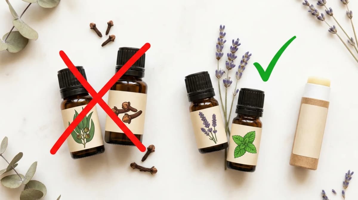 Flat lay of various essential oil bottles next to a handmade lip balm stick, with a bold red X mark over eucalyptus and clove oil bottles and a green checkmark near lavender and peppermint, clean white background, educational infographic style