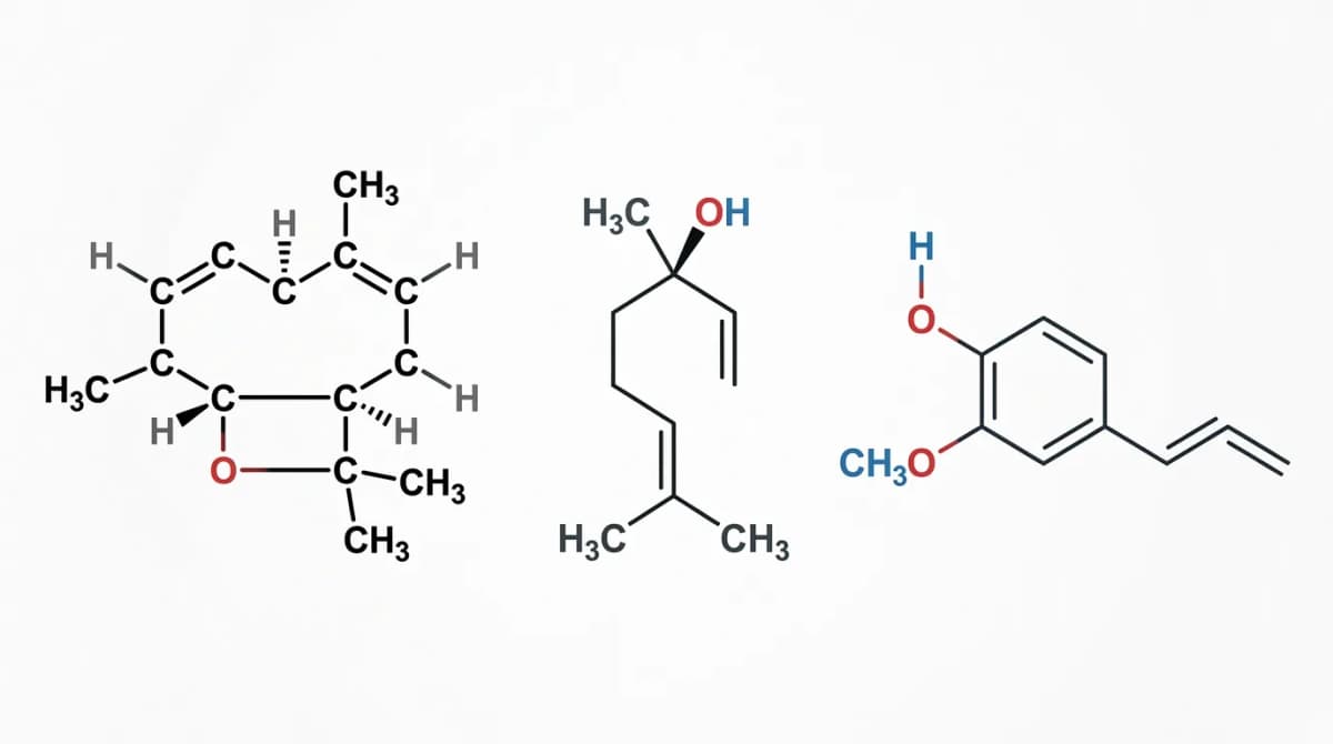 Diagram struktur molekul beta-caryophyllene, linalool, dan eugenol ditampilkan berdampingan pada latar belakang putih bersih dengan label kimia, gaya ilustrasi ilmiah, resolusi tinggi