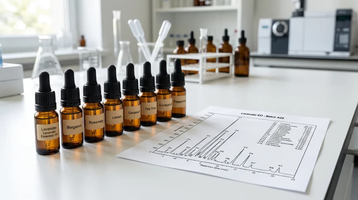 Cetak kromatogram GC/MS di atas kertas di samping deretan botol kaca amber gelap kecil berisi minyak atsiri di meja laboratorium putih, fotografi produk profesional, bayangan lembut