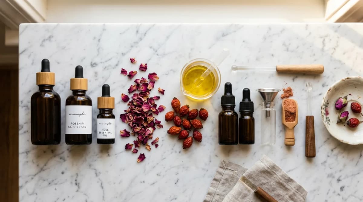 Komposisi flat lay botol penetes kaca gelap dengan minyak atsiri dan minyak pembawa, kelopak mawar kering, buah rosehip di atas permukaan marmer putih, pencahayaan alami hangat yang lembut, gaya minimalis
