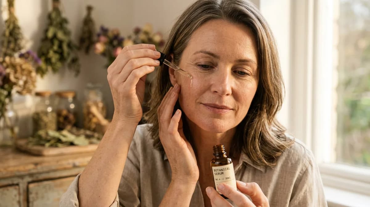 Potret close-up seorang wanita berusia 40-an mengaplikasikan serum wajah dengan penetes, tekstur kulit realistis yang terlihat dengan garis-garis halus, cahaya alami keemasan yang hangat, tidak ada retouching berat, gaya fotografi editorial