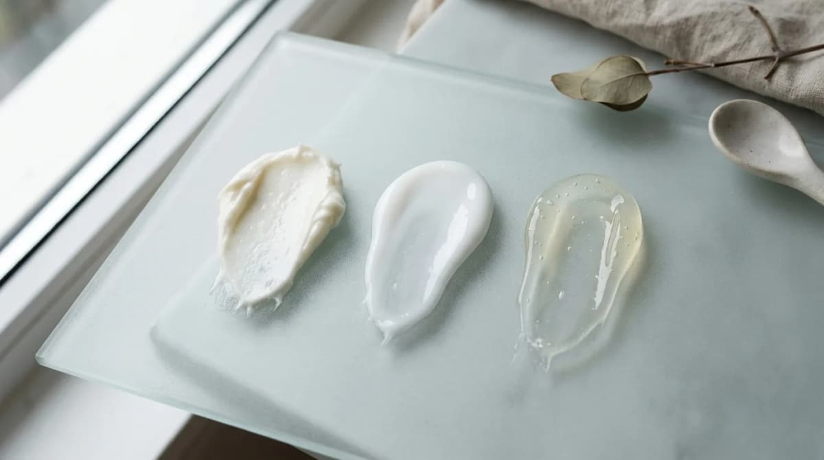 Foto flat lay editorial kecantikan menampilkan tiga tekstur krim kosmetik di permukaan kaca frosted — balm padat opak, lotion ringan bertekstur milky, dan gel transparan — menunjukkan berbagai konsistensi berdampingan, cahaya alami siang hari, penataan minimalis
