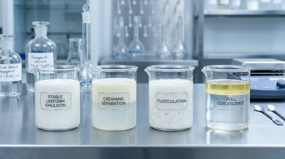 Foto laboratorium close-up empat gelas beker berisi emulsi dalam berbagai kondisi stabilitas — krim seragam yang stabil, pemisahan creaming, flokulasi, koalesensi penuh — dengan label ilmiah samar, suasana laboratorium kosmetik profesional, pencahayaan sejuk