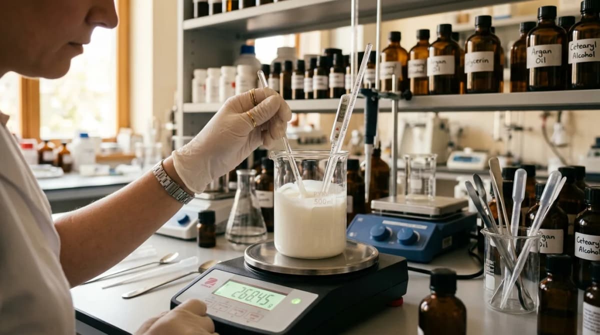 Tangan kimiawan kosmetik mengenakan sarung tangan putih menggunakan batang pengaduk kaca untuk mencampur emulsi putih dalam gelas beker di atas timbangan digital, termometer terlihat, pencahayaan studio hangat, latar belakang laboratorium formulasi kosmetik profesional