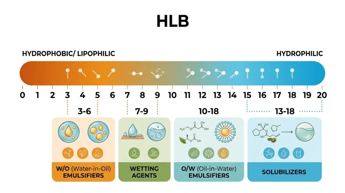 Clean educational infographic diagram showing HLB scale from 0 to 20, with labelled zones for W/O emulsifiers, wetting agents, O/W emulsifiers and solubilizers, with example ingredient names, white background, flat design style
