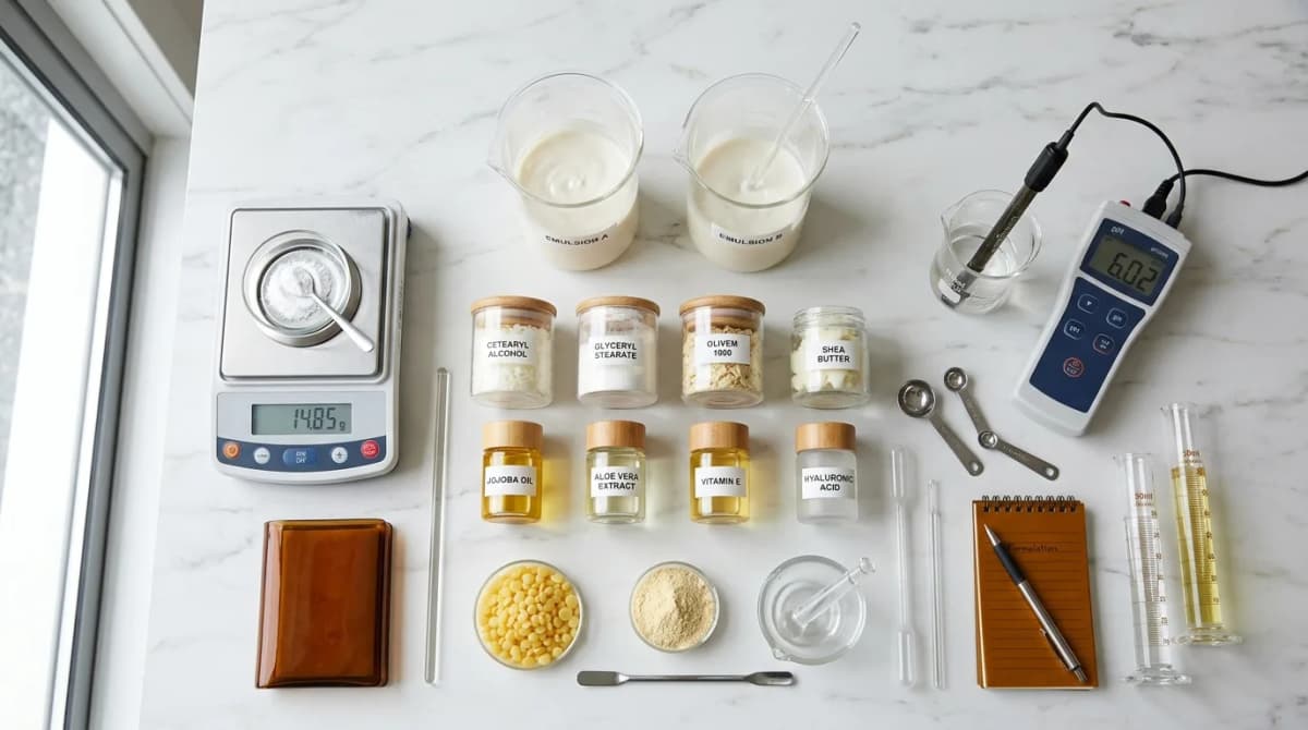 Flat lay of cosmetic chemistry laboratory setup with glass beakers containing white cream emulsions, small labelled containers with emulsifier powders and waxes, digital precision scale, pH meter, on white marble surface, natural lighting, professional product photography