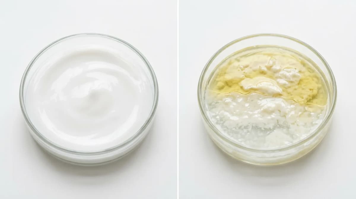 Split comparison image showing two cream samples side by side: left sample is stable homogeneous white cream, right sample shows separated destabilized emulsion with visible oil layer on top, laboratory glass containers, clean white background, educational photography