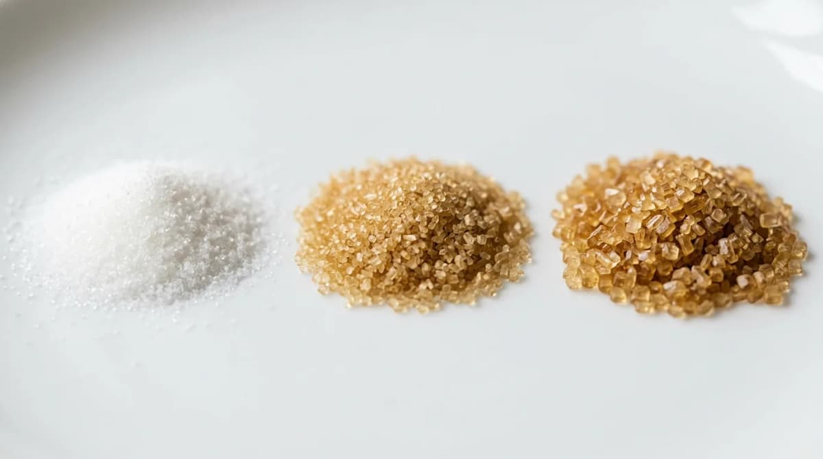 Foto makro close-up berbagai ukuran kristal gula — gula putih halus, gula tebu mentah sedang, gula demerara kasar — disusun dalam tiga tumpukan kecil di atas latar putih, fokus tajam, fotografi produk kecantikan
