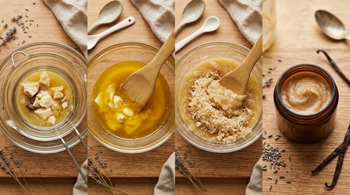 Proses pembuatan sugar scrub yang teremulsi selangkah demi selangkah: mencairkan butter di atas double boiler, mencampur dengan spatula, menambahkan kristal gula, tekstur akhir yang lembut dalam toples kaca berwarna amber, gaya flat lay editorial, warna hangat