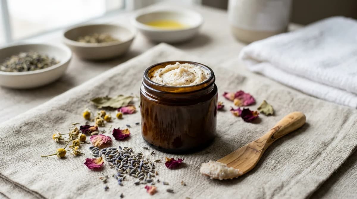 Toples kaca amber kecil berisi tekstur sugar scrub whipped yang lembut, dikelilingi tanaman botani kering — lavender, kelopak mawar — dan spatula kayu di atas kain linen, cahaya alami yang lembut, estetika spa minimalis