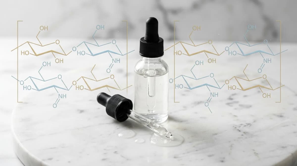 Close-up of a dropper bottle with clear hyaluronic acid serum on a marble surface, surrounded by molecular structure diagrams, soft studio lighting, editorial beauty photography style