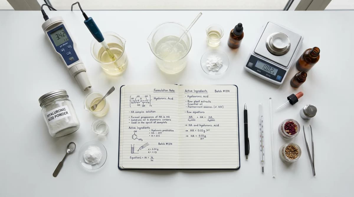 Flat lay of cosmetic laboratory setup with beakers, pH meter, hyaluronic acid powder, and formulation notebook on white background, professional product photography