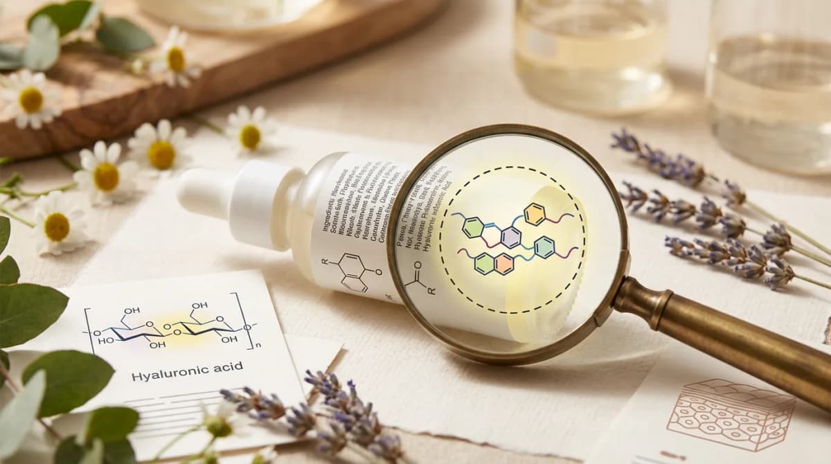 Close-up of cosmetic product ingredient label with hyaluronic acid highlighted, magnifying glass, editorial flat lay style with soft natural light