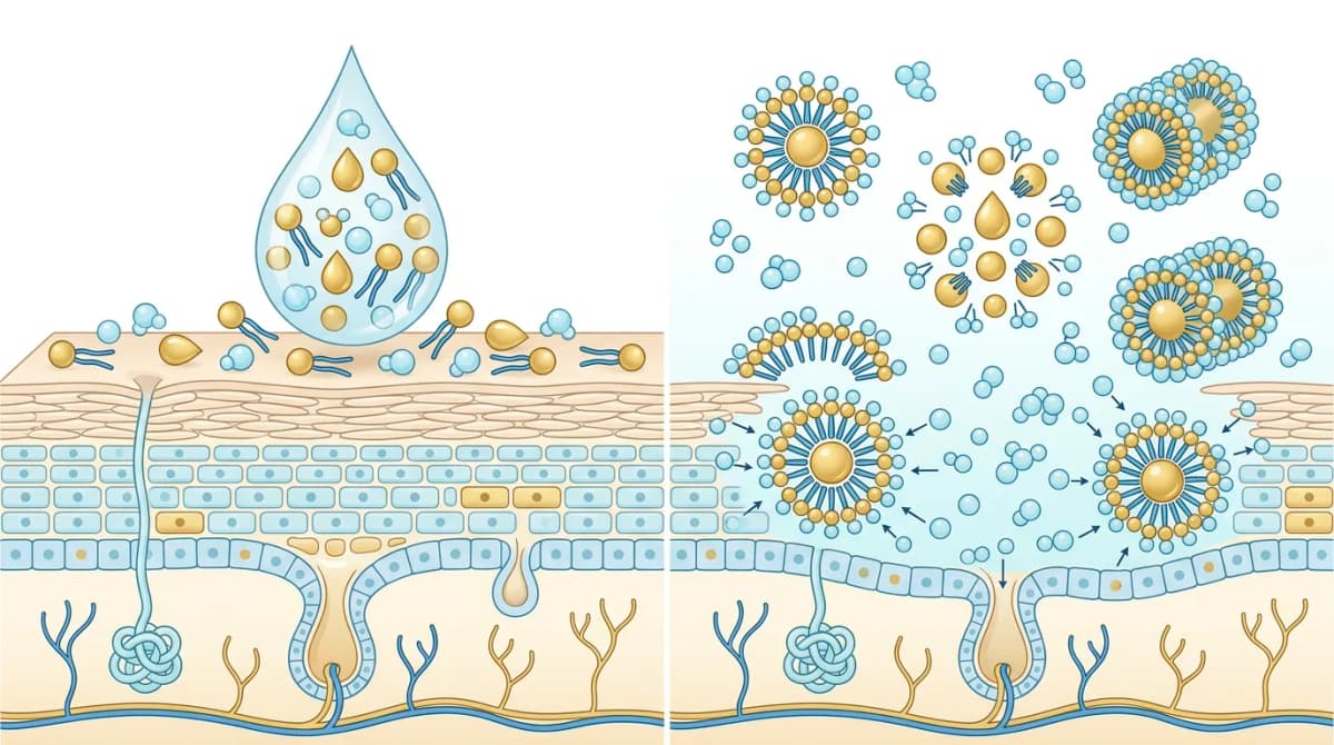 Diagram sains potongan melintang menunjukkan proses emulsifikasi minyak hidrofilik pada permukaan kulit, dengan molekul air membentuk misel surfaktan yang mengelilingi tetesan minyak, ilustrasi vektor bersih, palet warna biru dan emas, latar belakang putih