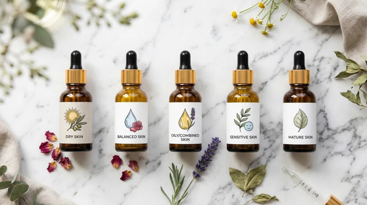 Foto flat lay dari lima minyak botani berbeda dalam botol kaca amber dengan pipet, ditata di permukaan marmer putih, masing-masing diberi label kartu ikon jenis kulit kecil, cahaya siang alami yang lembut, estetika merek kosmetik yang bersih