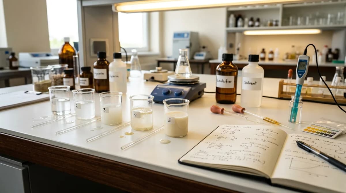 Meja kerja laboratorium kimia kosmetik profesional dengan gelas kimia kecil berisi sampel minyak hidrofilik pada berbagai tahap uji emulsifikasi air, pipet, kertas indikator pH, dan buku catatan berisi catatan formulasi, pencahayaan klinis yang hangat