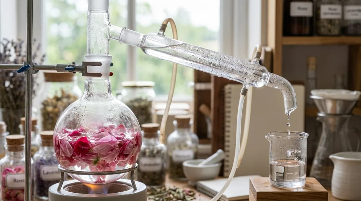 Close-up of a glass distillation apparatus with steam passing through rose petals, droplets of hydrosol collecting in a beaker, soft natural light, botanical laboratory aesthetic, high detail photography