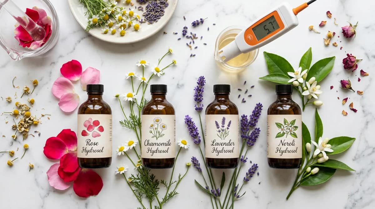 Flat lay of several amber glass bottles with hydrosol labels (rose, chamomile, lavender, neroli), surrounded by fresh botanicals and a pH meter, white marble background, clean cosmetic product photography