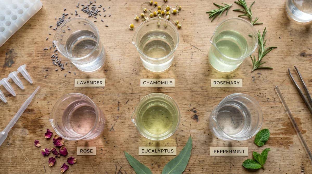 Comparison chart-style flat lay showing six different hydrosols in clear glass beakers labelled with plant names, with subtle color variations from clear to slightly yellow-green, scientific laboratory setting, top view