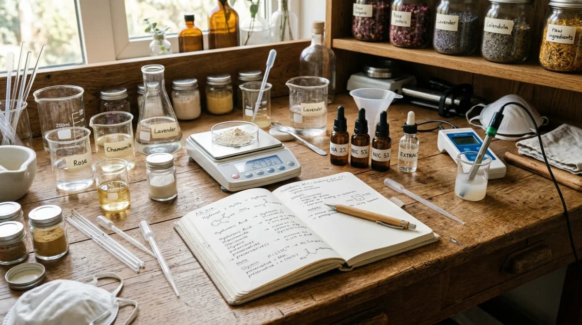 Skincare formulation workspace with open notebook showing handwritten formula, beakers with hydrosol, dropper bottles of active ingredients, digital scale and pH meter on wooden desk, warm studio lighting