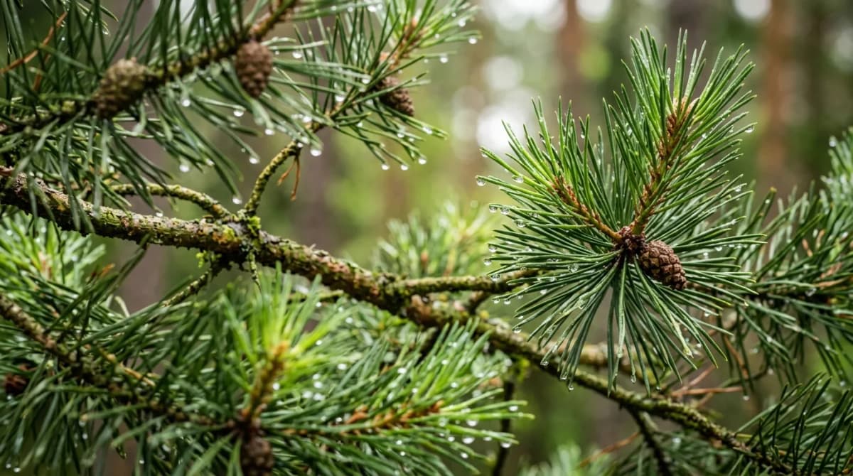 Close-up of fresh pine branches with morning water droplets, soft diffused natural light, botanical photography style, green and brown tones, high detail