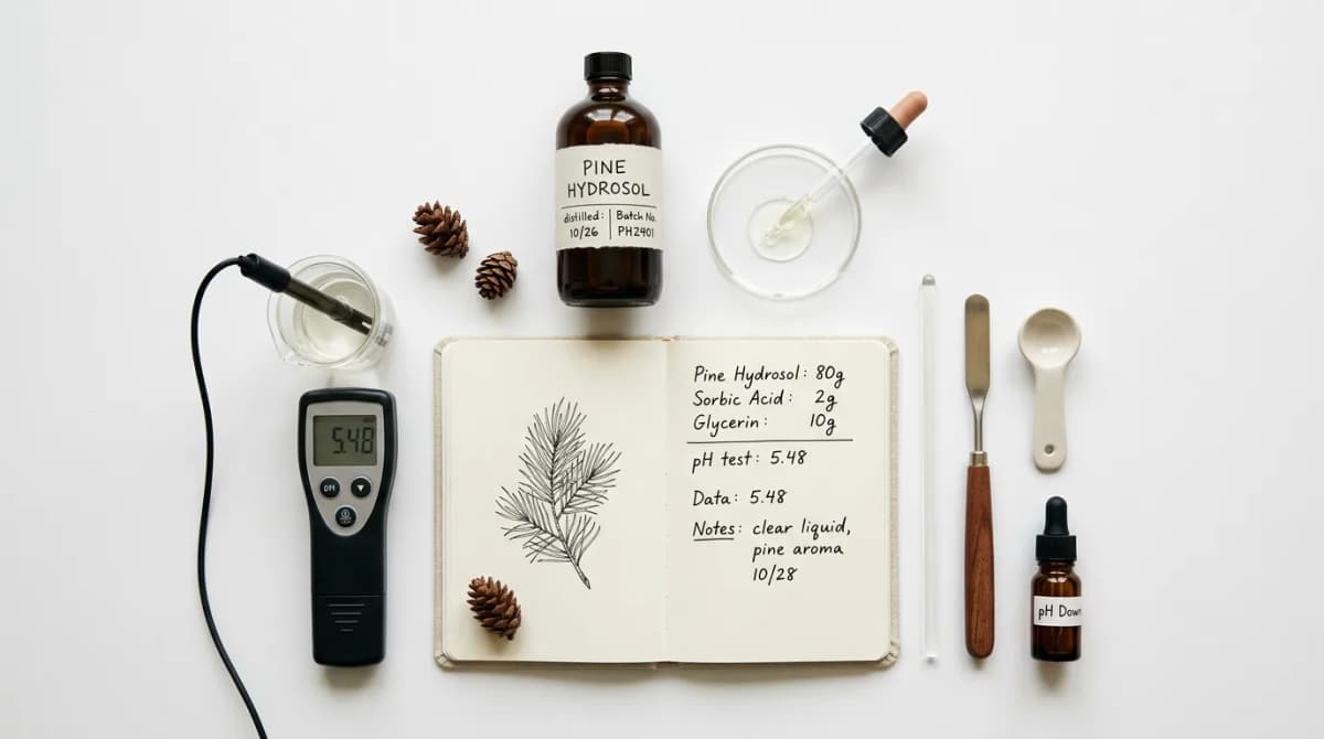 Scientific flat lay with a dark glass bottle labelled pine hydrosol, digital pH meter, glass dropper, open formula notebook with handwritten notes, white background, clean minimalist style