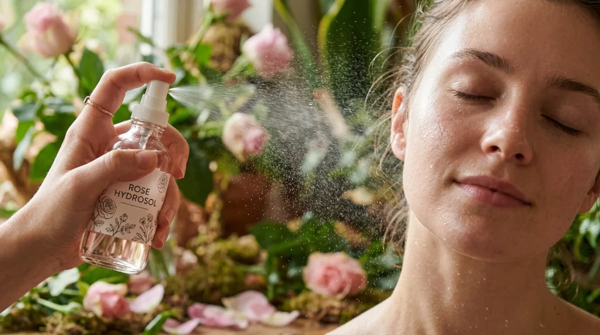 Close-up of a glass bottle with rose hydrosol mist spraying onto clean skin, soft natural light, botanical background with rose petals