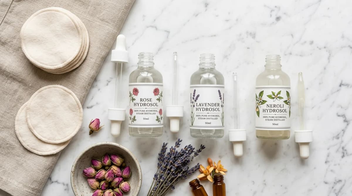 Flat lay of different hydrosol bottles labelled rose, lavender, neroli with dropper pipettes and cotton pads on a white marble surface, top view