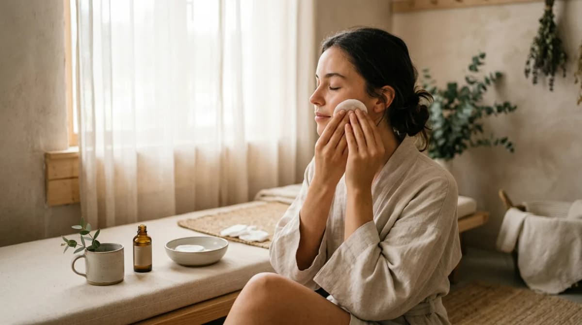 Woman applying a hydrosol-soaked cotton compress to her cheek in a calm spa atmosphere, warm soft lighting, minimal aesthetic
