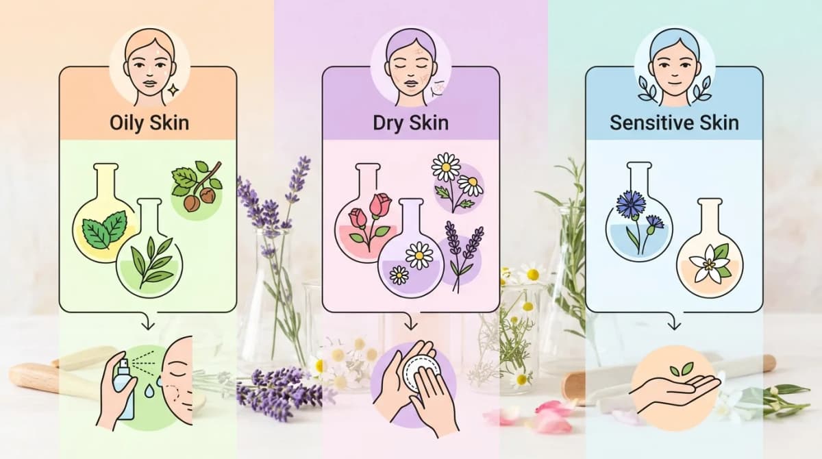 Clean infographic showing three skin types oily dry sensitive with matching hydrosol types and application method icons, flat design pastel colors