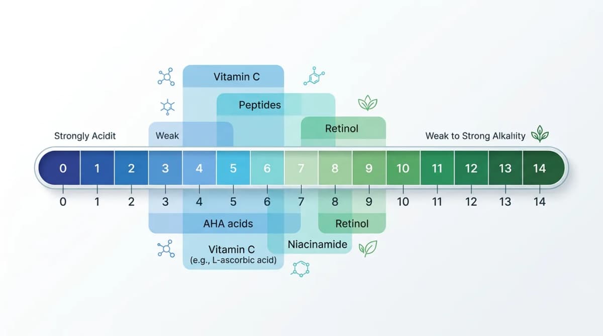 A scientific diagram showing pH scale from 0 to 14 with colored zones indicating optimal pH ranges for retinol, AHA acids, peptides, vitamin C, and niacinamide, clean infographic style, white background, laboratory aesthetic, blue and green color palette