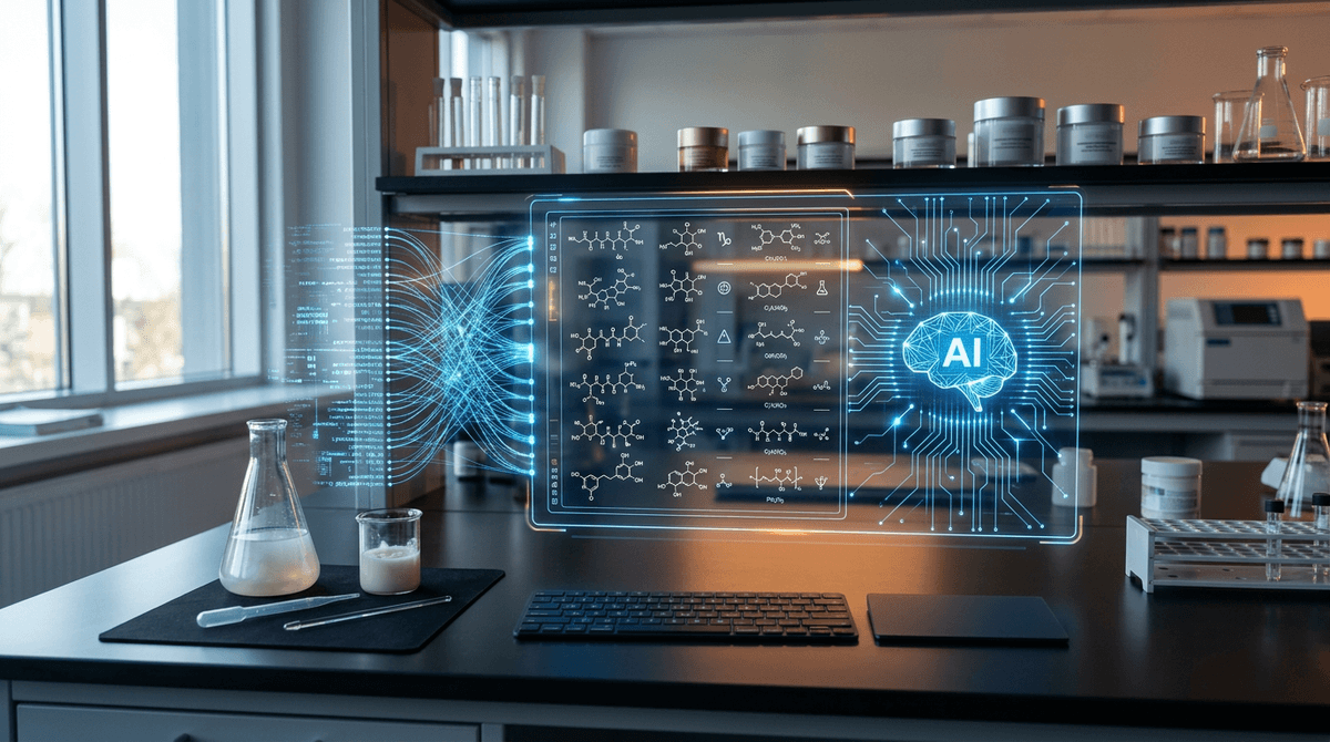 Photo-realistic hero illustration: a modern laboratory workstation with a holographic-style digital interface displaying an INCI ingredient list and molecular structures, glowing data streams connecting to a stylized abstract AI network icon, cosmetic cream jars and lab glassware in soft focus background, clean scientific aesthetic, blue and amber accent lighting, no human faces visible, wide banner composition
