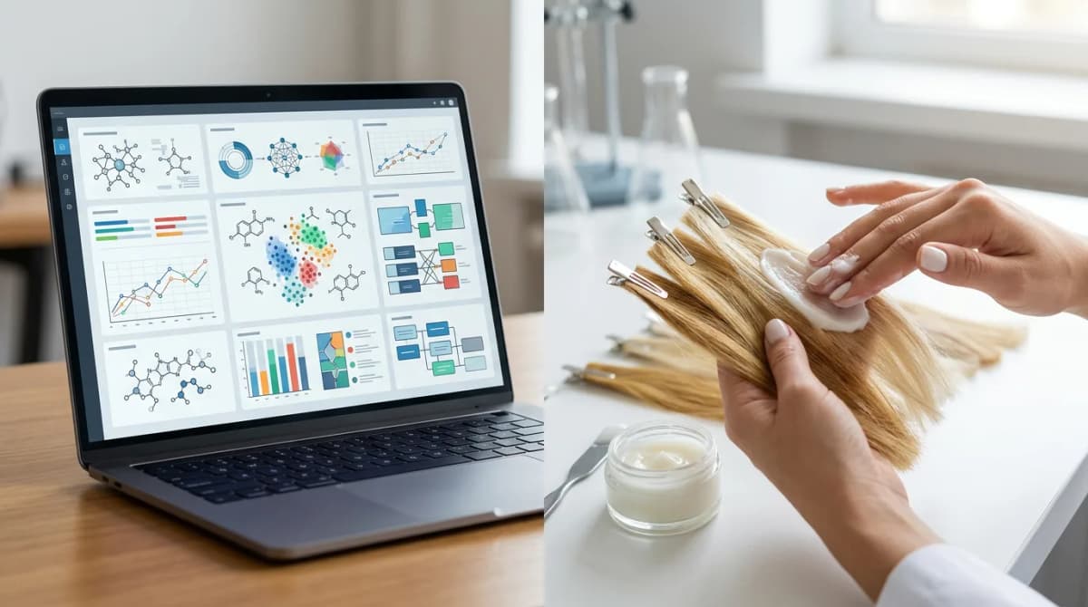 Komposisi terbagi: sisi kiri menunjukkan layar laptop dengan formula conditioner rambut hasil AI dan visualisasi data interaksi bahan; sisi kanan menunjukkan tangan sungguhan menguji tekstur conditioner pada helai rambut pirang di atas permukaan laboratorium putih, cahaya alami